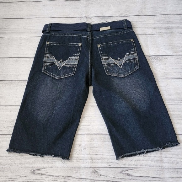 Men's Distressed Dark Blue Wash Denim Shorts Skinny Fit - Picture 6 of 11